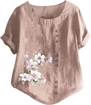 Women's Floral Printed Cotton Linen Short Sleeve Tops Summer Vintage Casual Plus Size Tunic Comfy Loose Fit Tshirts