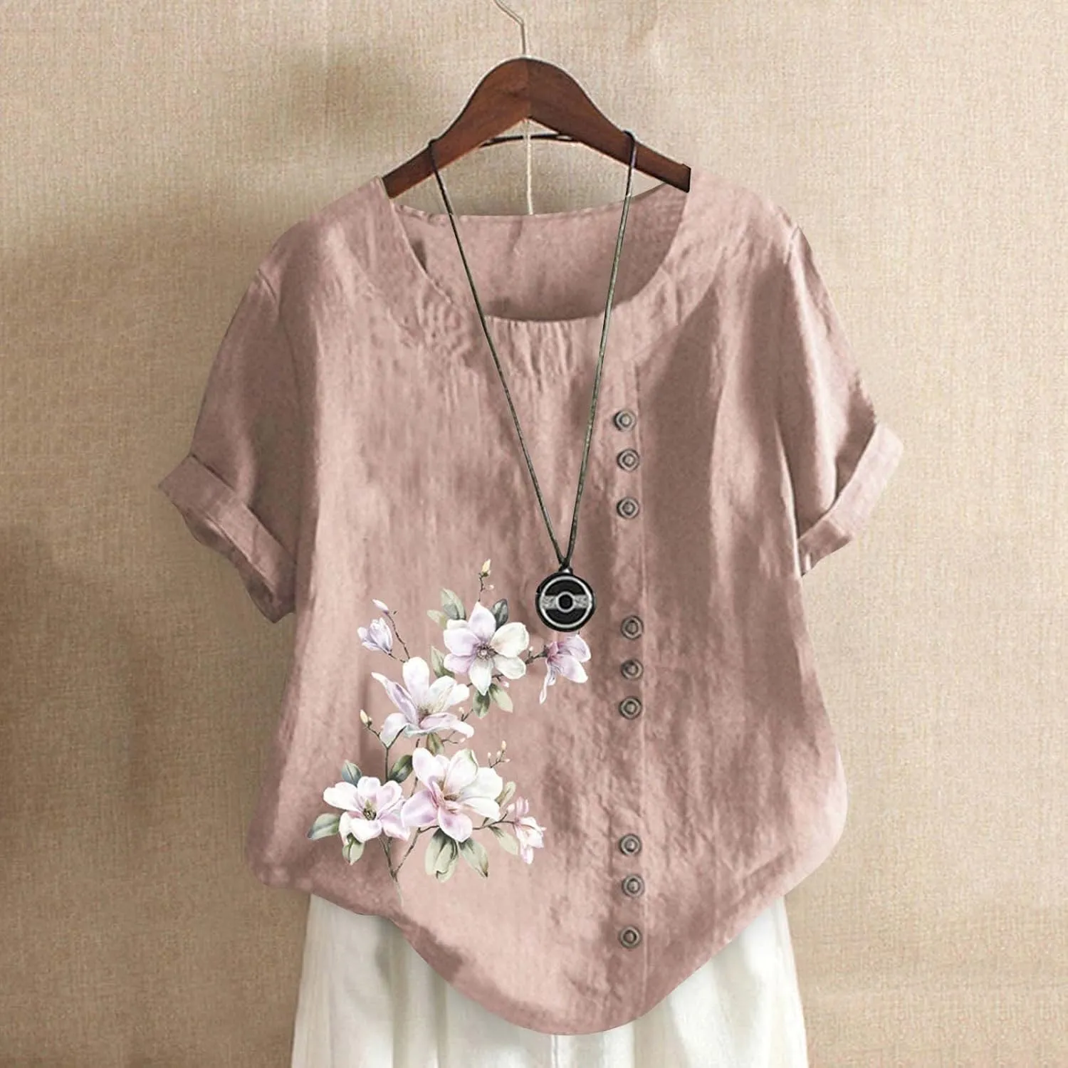 Women's Floral Printed Cotton Linen Short Sleeve Tops Summer Vintage Casual Plus Size Tunic Comfy Loose Fit Tshirts