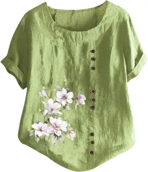 Women's Floral Printed Cotton Linen Short Sleeve Tops Summer Vintage Casual Plus Size Tunic Comfy Loose Fit Tshirts