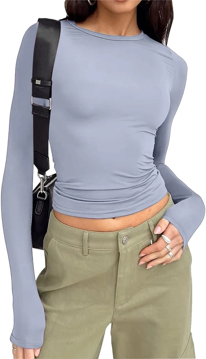 Womens Long Sleeve Shirts 2024 Basic Crop Tops Fashion Slim Fit Y2k Workout Clothes Crew Neck Stretch Tshirt Outfits