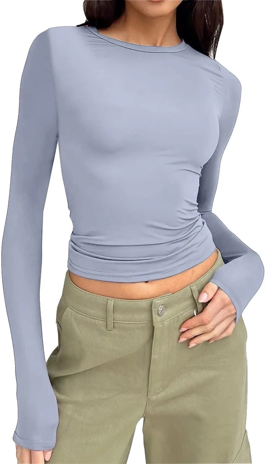 Womens Long Sleeve Shirts 2024 Basic Crop Tops Fashion Slim Fit Y2k Workout Clothes Crew Neck Stretch Tshirt Outfits