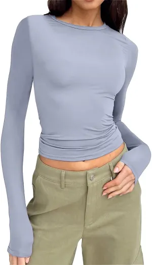 Womens Long Sleeve Shirts 2024 Basic Crop Tops Fashion Slim Fit Y2k Workout Clothes Crew Neck Stretch Tshirt Outfits