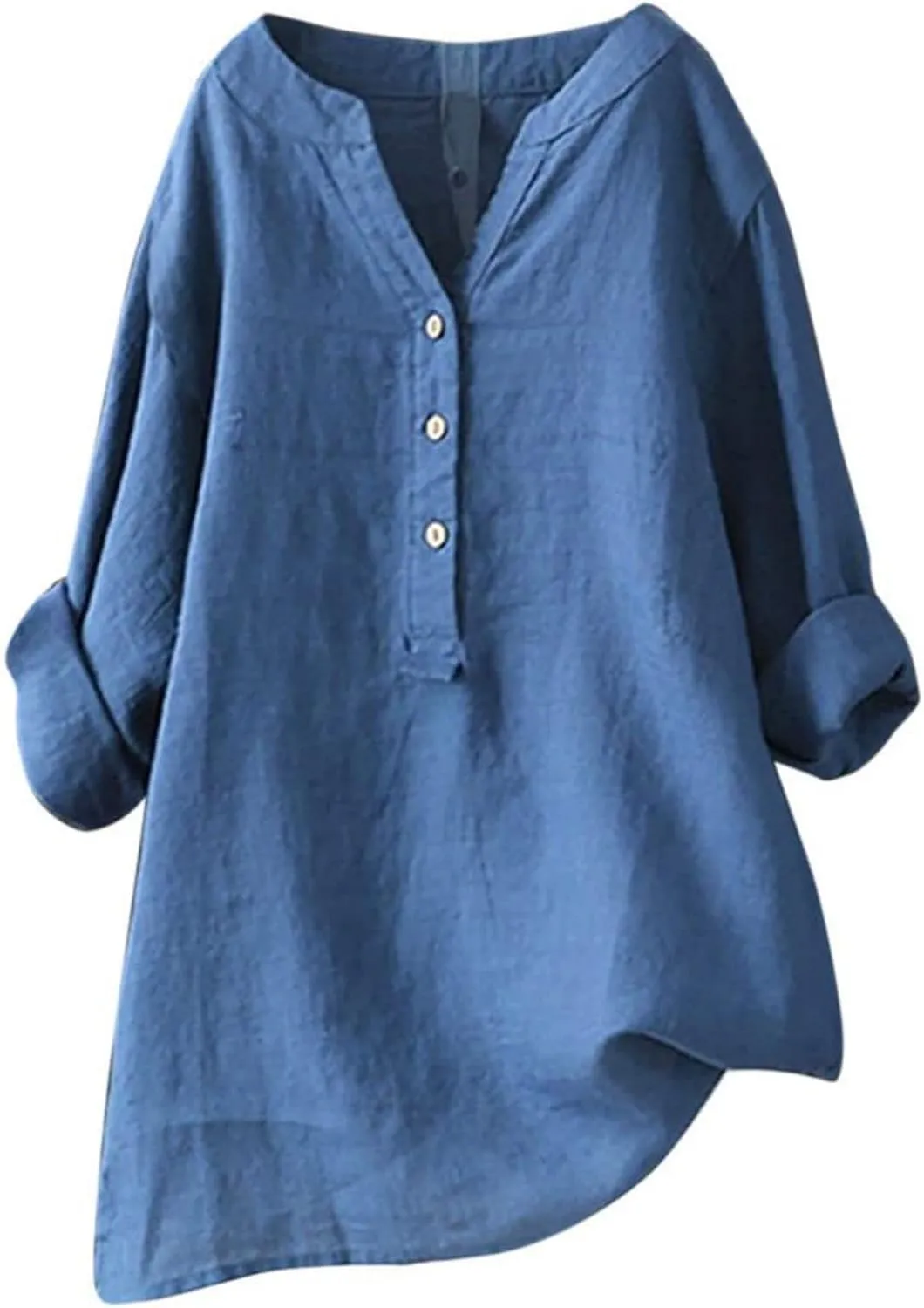 Women's Tunic Blouse Tops Fashion Plus Size Solid Cotton Linen Loose Casual Long Sleeve V Neck Button Up Tees Shirts
