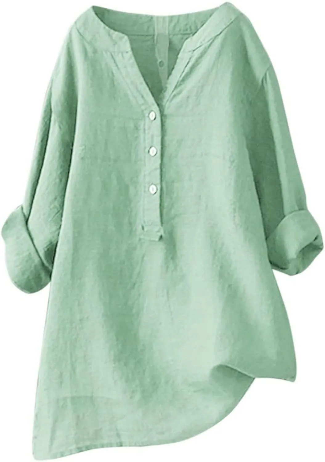 Women's Tunic Blouse Tops Fashion Plus Size Solid Cotton Linen Loose Casual Long Sleeve V Neck Button Up Tees Shirts
