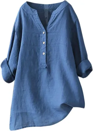 Women's Tunic Blouse Tops Fashion Plus Size Solid Cotton Linen Loose Casual Long Sleeve V Neck Button Up Tees Shirts