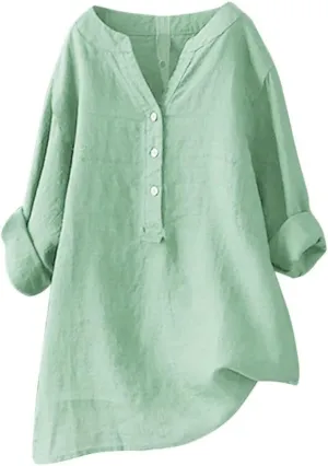 Women's Tunic Blouse Tops Fashion Plus Size Solid Cotton Linen Loose Casual Long Sleeve V Neck Button Up Tees Shirts