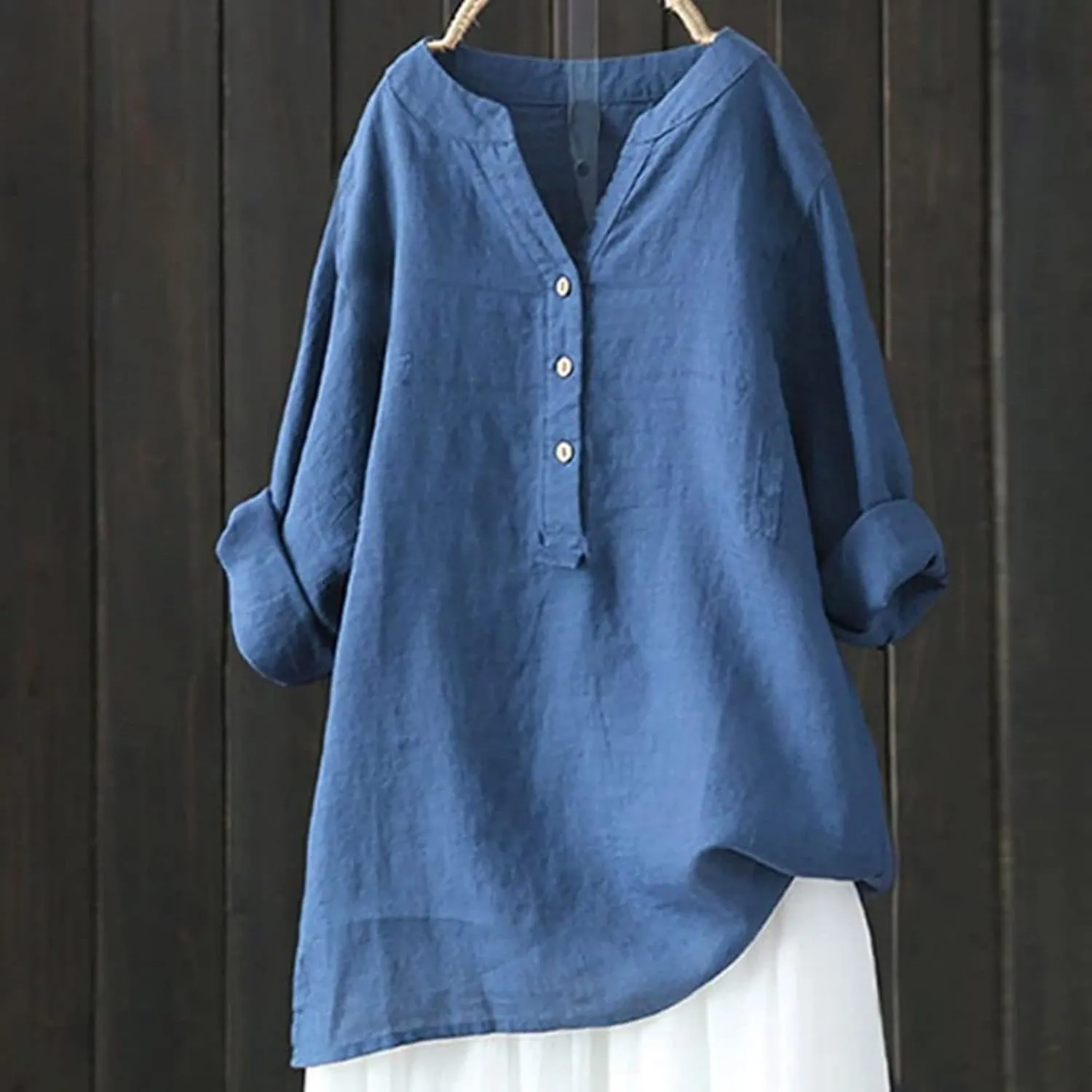Women's Tunic Blouse Tops Fashion Plus Size Solid Cotton Linen Loose Casual Long Sleeve V Neck Button Up Tees Shirts