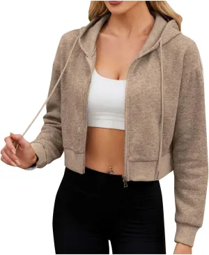 Zip up Sweatshirt Women Fall Workout Long Sleeve Cropped Zipper Hoodies Classic Drawstring Hooded Jacket Crop Tops